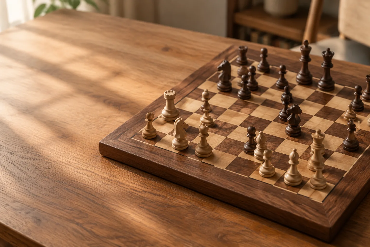 صفحه‌ی شطرنجِ چوبی با خانه‌های روشن و تیره و مهره‌های چوبی در میانه‌ی بازی