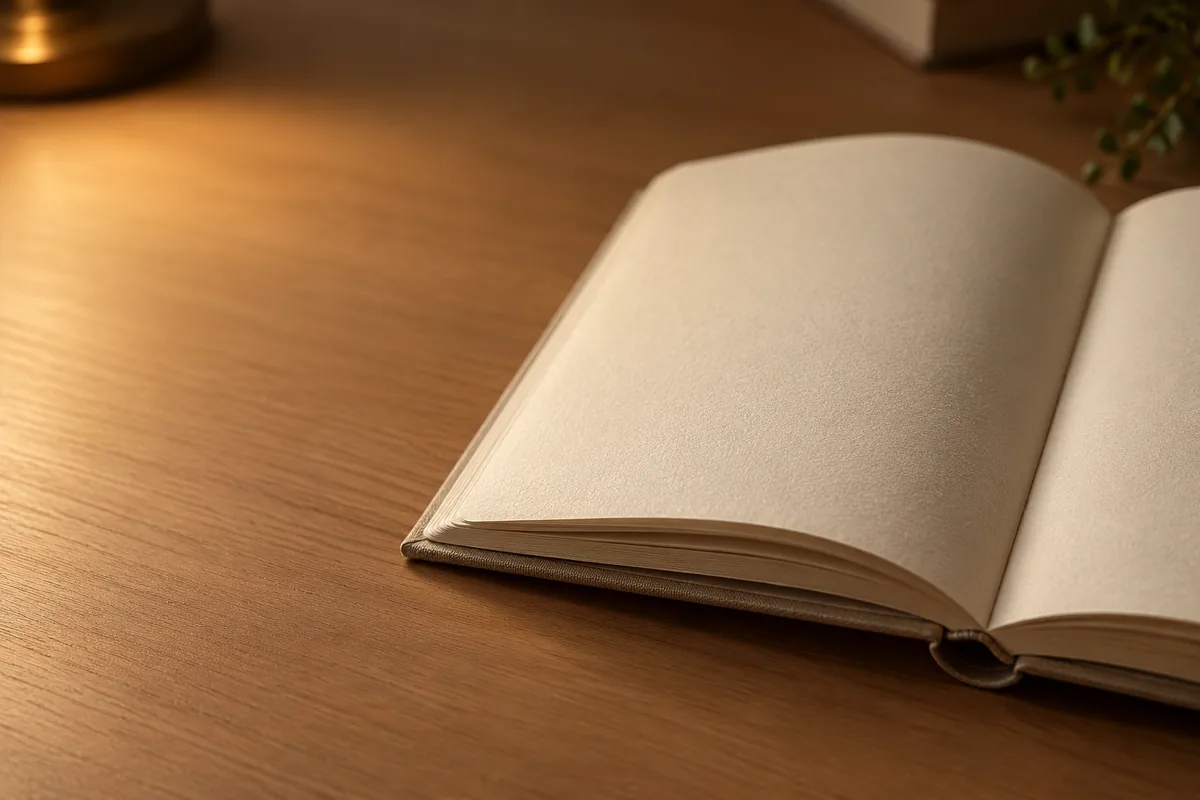 برگهای سفیدِ کتابی باز روی میزِ چوبی زیرِ نورِ گرم و یکنواختِ چراغ