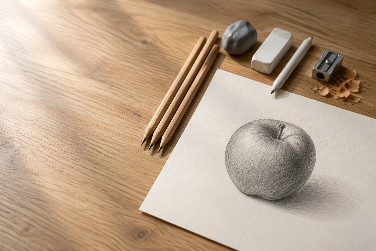 سه مدادِ طراحی، پاک‌کنِ خمیری و سفید، محوکن و تراش کنارِ طراحیِ مدادیِ یک سیب